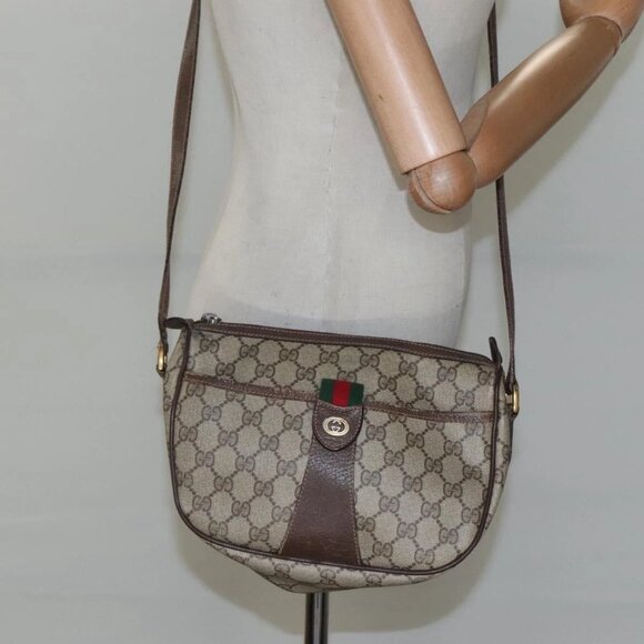 GUCCI GG Supreme Web Sherry Line Shoulder Bag PVC Beige Gold Auth KD211 - Picture 14 of 16